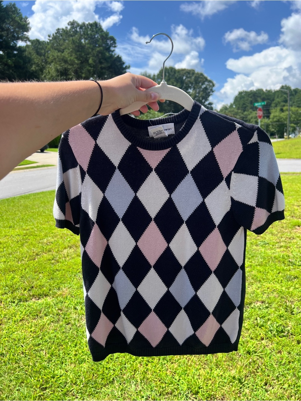 Vintage Rena Rowan Black, White & Pink Argyle Knit Top